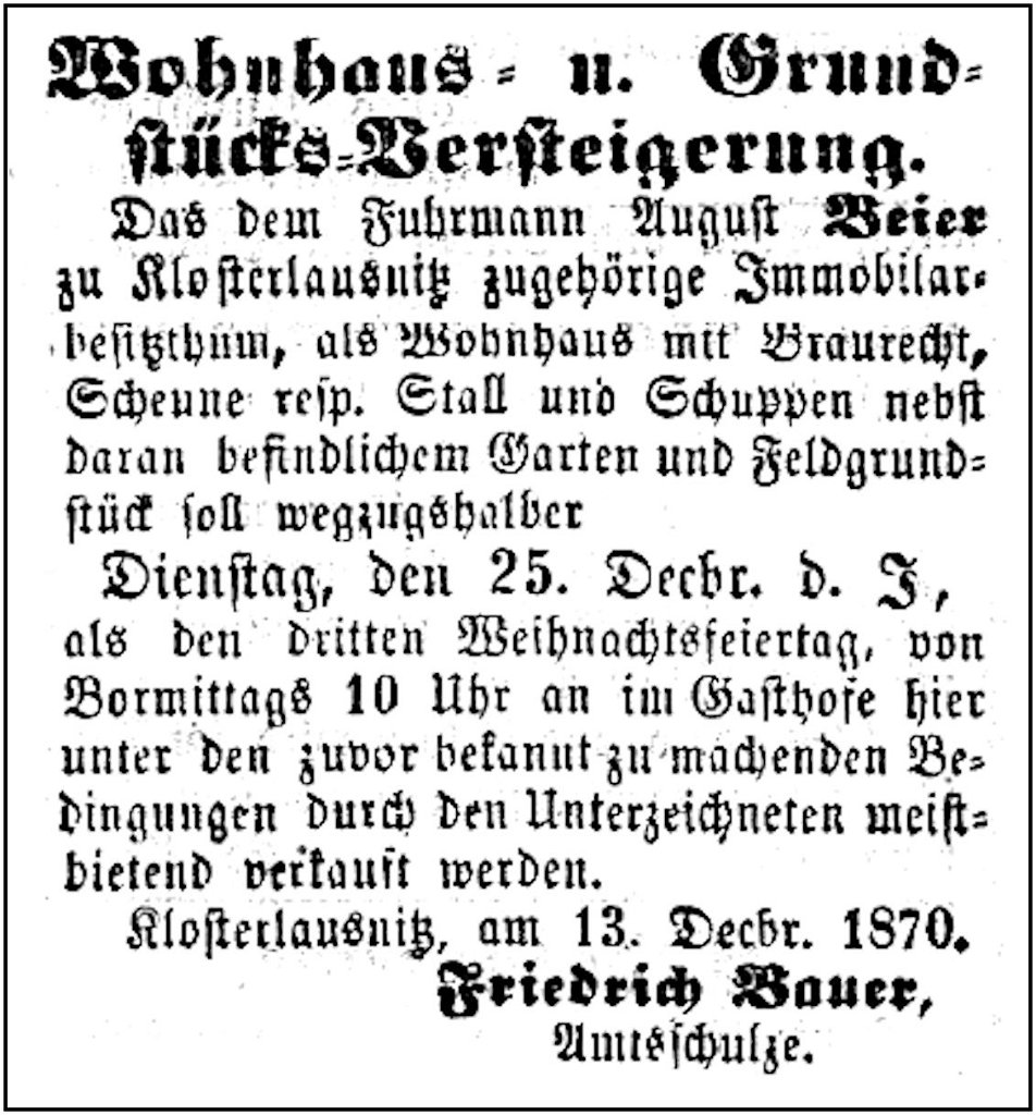 1870-12-25 Kl Versteigerung Haus Beier